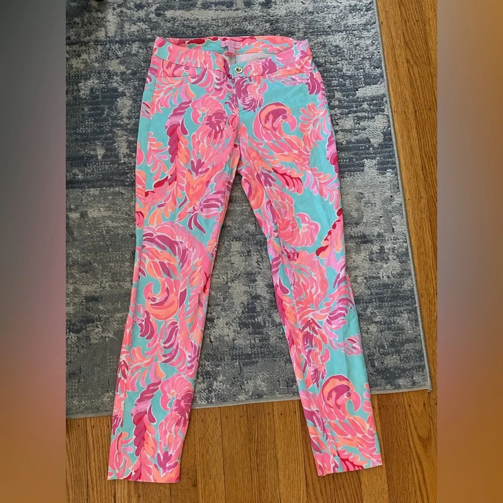 Lilly Pulitzer Kelly skinny ankle pants poolside blue lovebird print, SZ 0